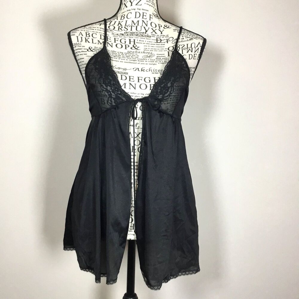 Vintage sears black satin lingerie tie up teddy top spaghetti straps S(pet28/30)